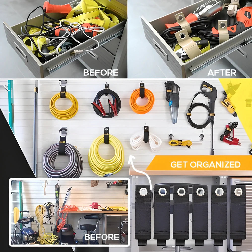 Heavy-Duty Hook & Loop Storage Organiser made of durable ballistic nylon with rust-resistant metal grommets for easy hanging and organisation in the home, garage, or workshop.