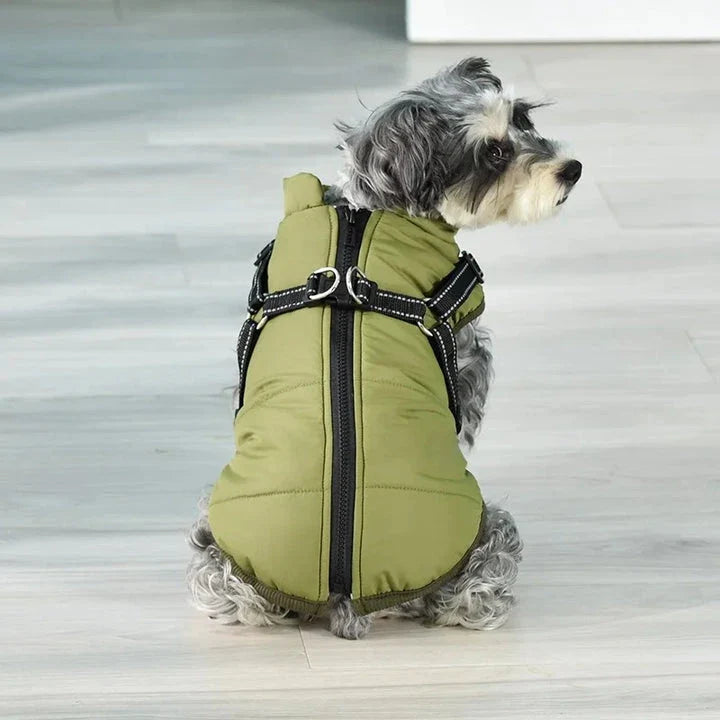 Stylish and practical waterproof dog coat with built-in harness in pink colour