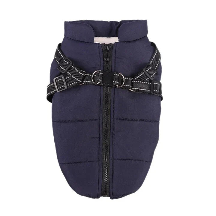 Stylish and practical waterproof dog coat with built-in harness in pink colour