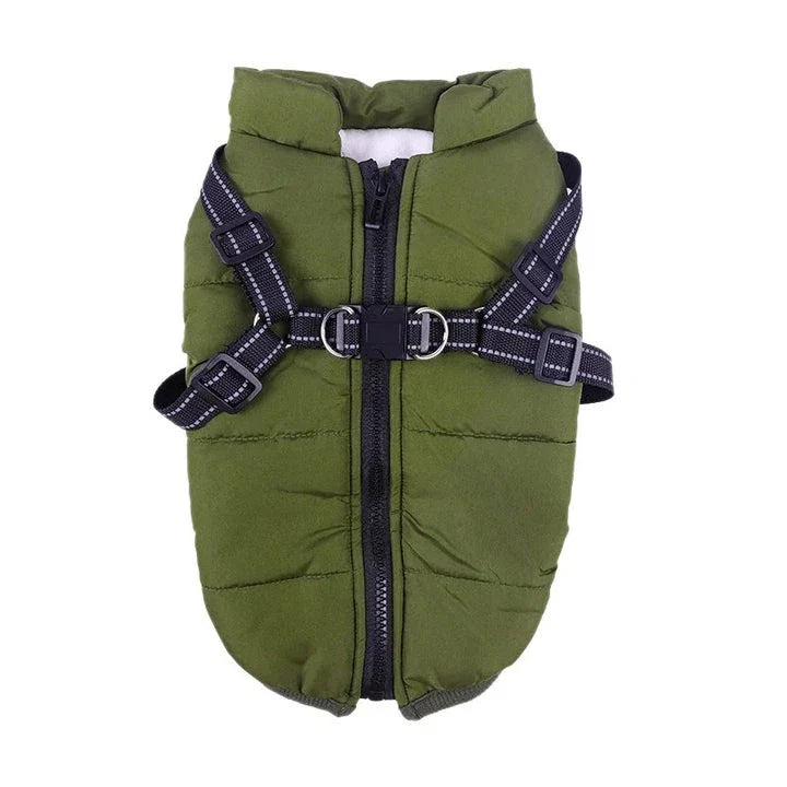 Stylish and practical waterproof dog coat with built-in harness in pink colour