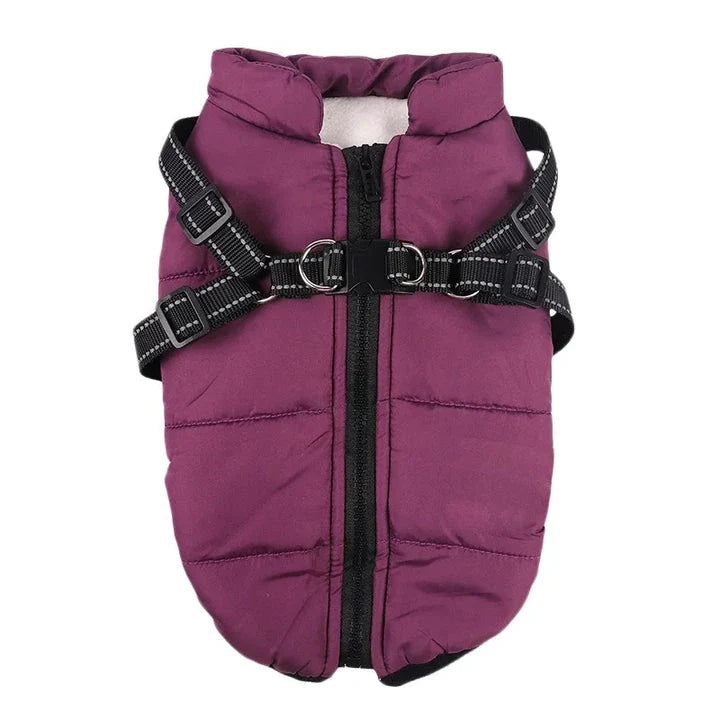 Stylish and practical waterproof dog coat with built-in harness in pink colour