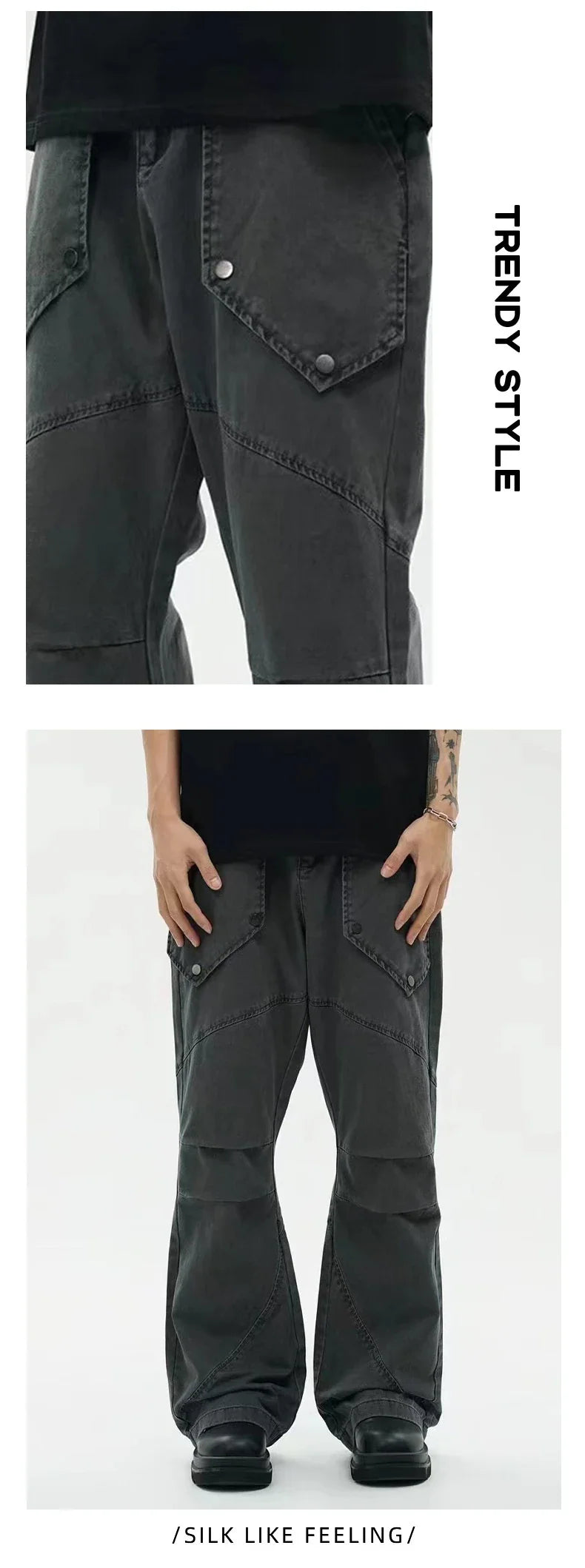 Black washed pleated trousers with oversized pockets and a micro-flared leg design for casual comfort and style