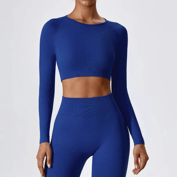 Premium ribbed long sleeve yoga crop top in Tiffany blue colour, featuring a stylish and form-fitting design for active women