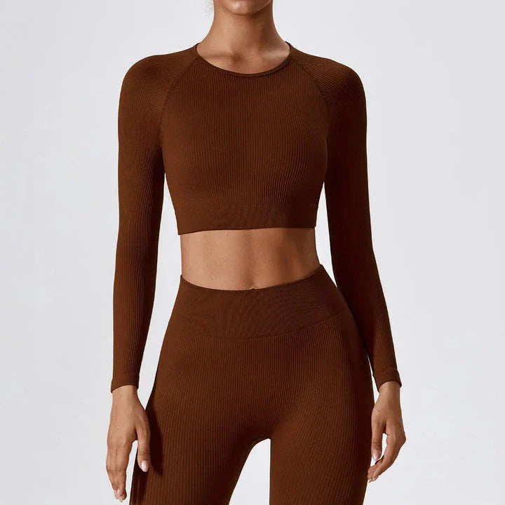 Premium ribbed long sleeve yoga crop top in Tiffany blue colour, featuring a stylish and form-fitting design for active women