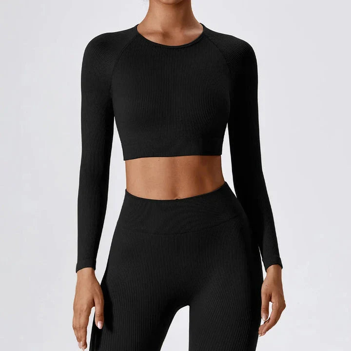 Premium ribbed long sleeve yoga crop top in Tiffany blue colour, featuring a stylish and form-fitting design for active women