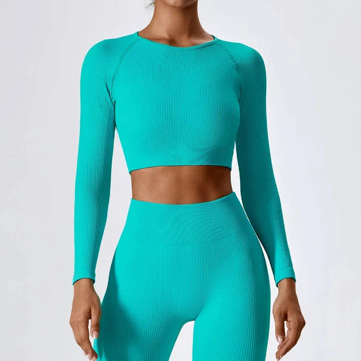 Premium ribbed long sleeve yoga crop top in Tiffany blue colour, featuring a stylish and form-fitting design for active women