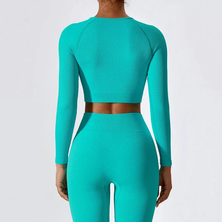 Premium ribbed long sleeve yoga crop top in Tiffany blue colour, featuring a stylish and form-fitting design for active women