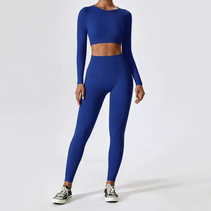 Premium ribbed long sleeve yoga crop top in Tiffany blue colour, featuring a stylish and form-fitting design for active women