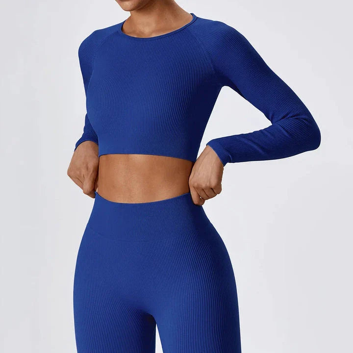 Premium ribbed long sleeve yoga crop top in Tiffany blue colour, featuring a stylish and form-fitting design for active women