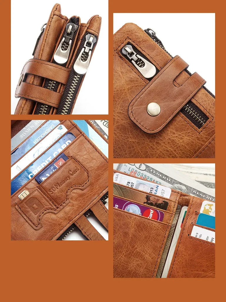 Genuine leather vintage RFID blocking wallet for men with card slots, coin pouch, and chain