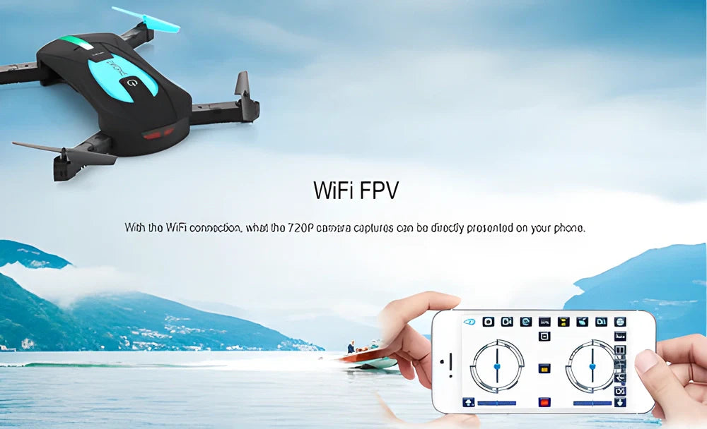 Compact and foldable RC drone with 720p camera, ideal for capturing aerial photos and videos