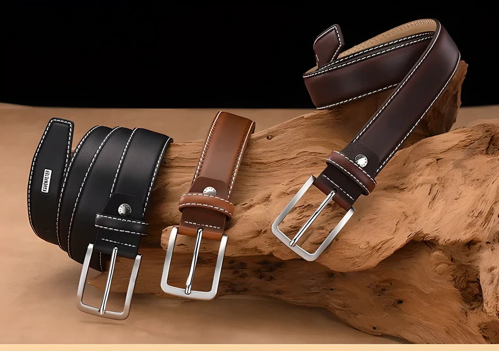 Kaven Peter Luxury Genuine Leather Belt for Men in Dark Brown, showcasing the premium leather strap and stylish double-colour design