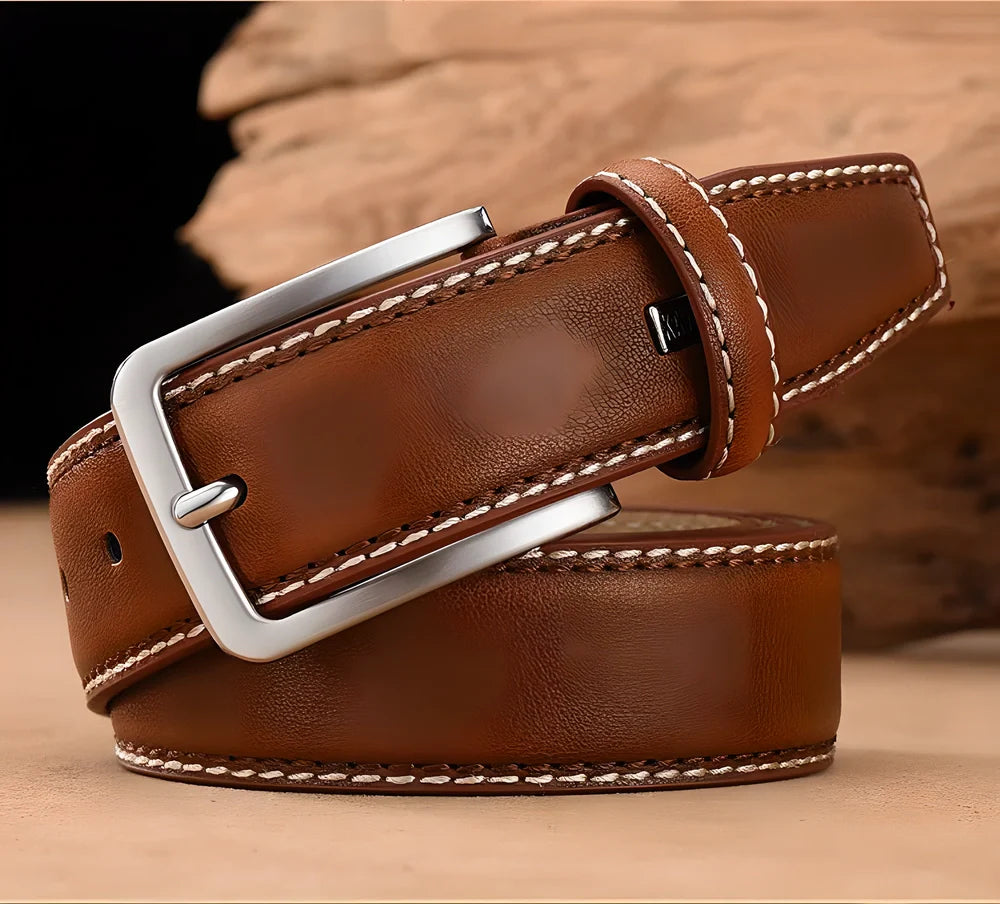 Kaven Peter Luxury Genuine Leather Belt for Men in Dark Brown, showcasing the premium leather strap and stylish double-colour design