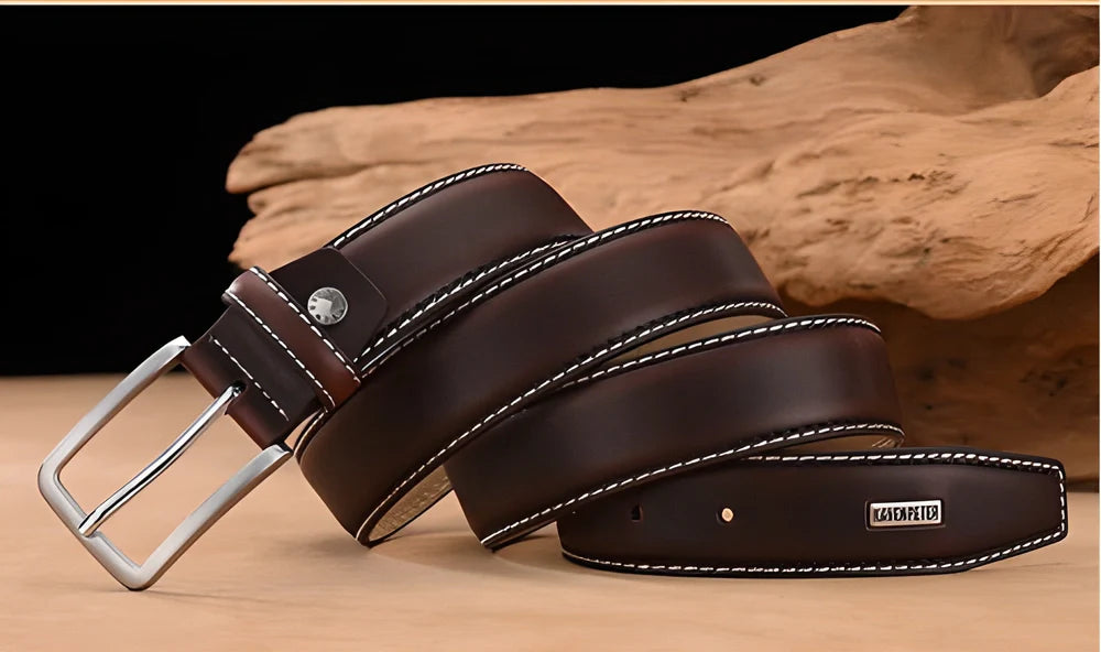 Kaven Peter Luxury Genuine Leather Belt for Men in Dark Brown, showcasing the premium leather strap and stylish double-colour design