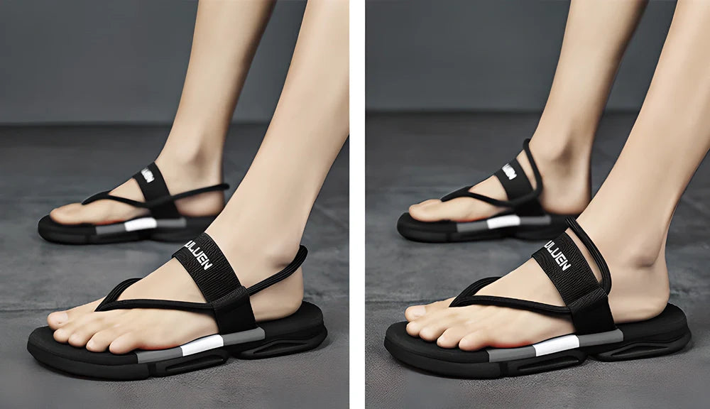 A pair of versatile 2-in-1 lightweight and durable sandals/flip-flops in black, army green, and dark blue colours