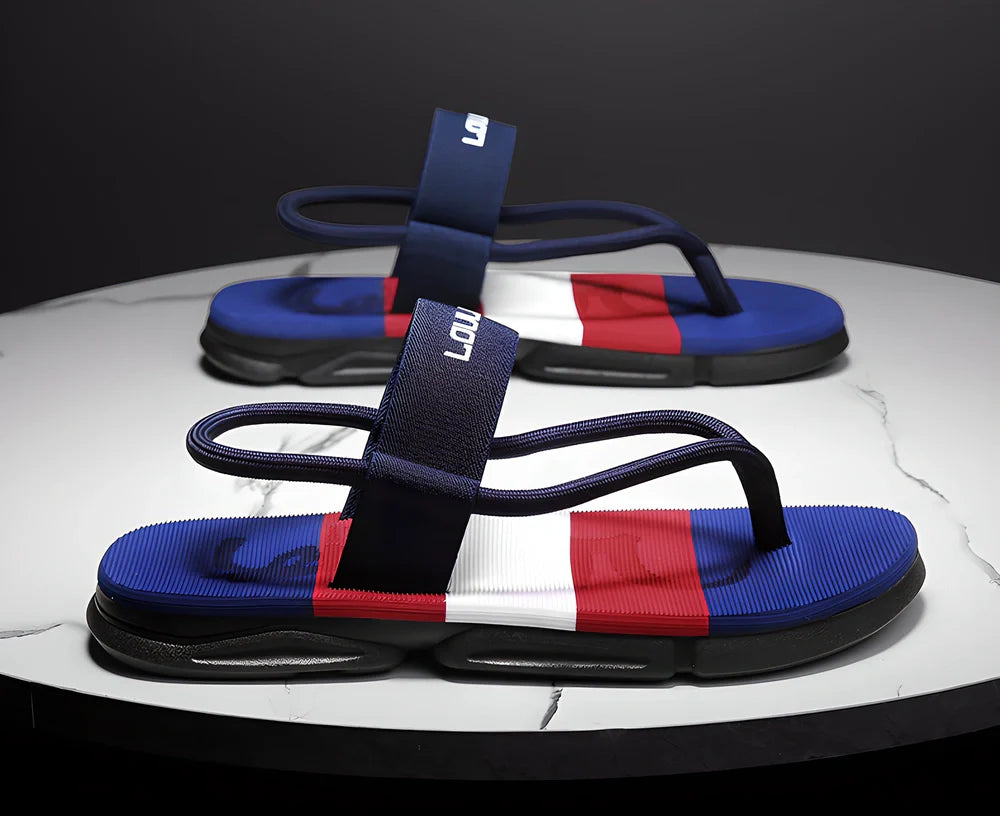 A pair of versatile 2-in-1 lightweight and durable sandals/flip-flops in black, army green, and dark blue colours