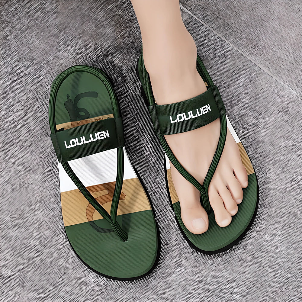 A pair of versatile 2-in-1 lightweight and durable sandals/flip-flops in black, army green, and dark blue colours