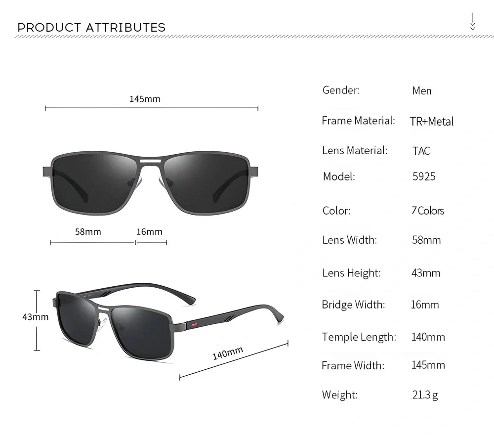 Metal Squared Frame Polarized Sunglasses for Men with Sturdy Metallic Edge and 400 UV Protection