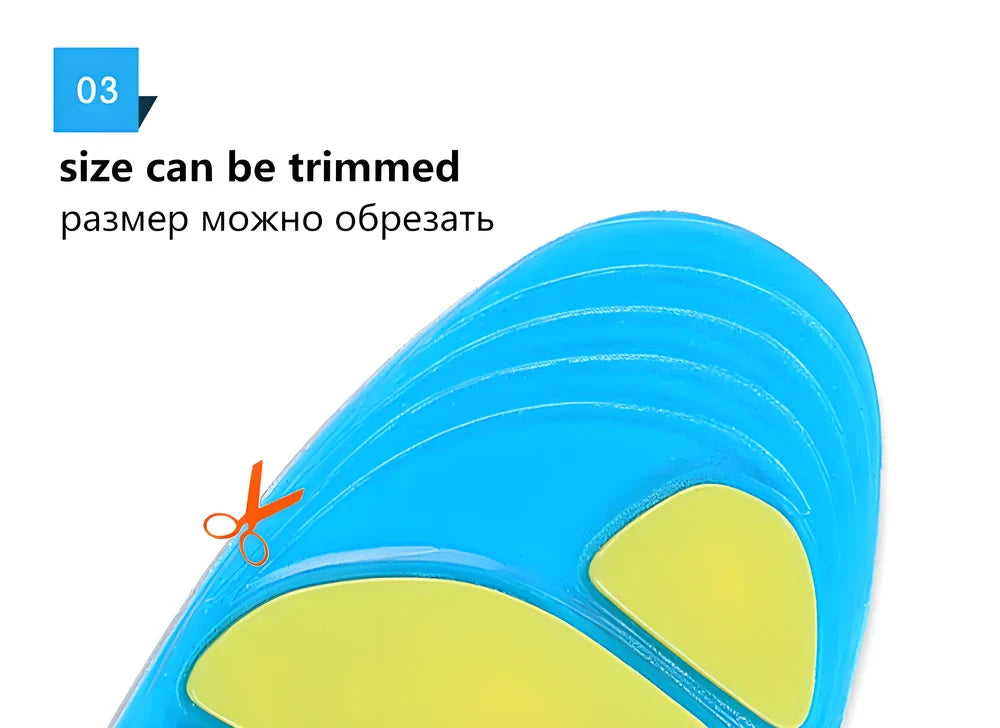 Premium silicon gel shock-absorbing orthotic insoles with full arch support and extra heel cushioning for running, sports, and everyday wear