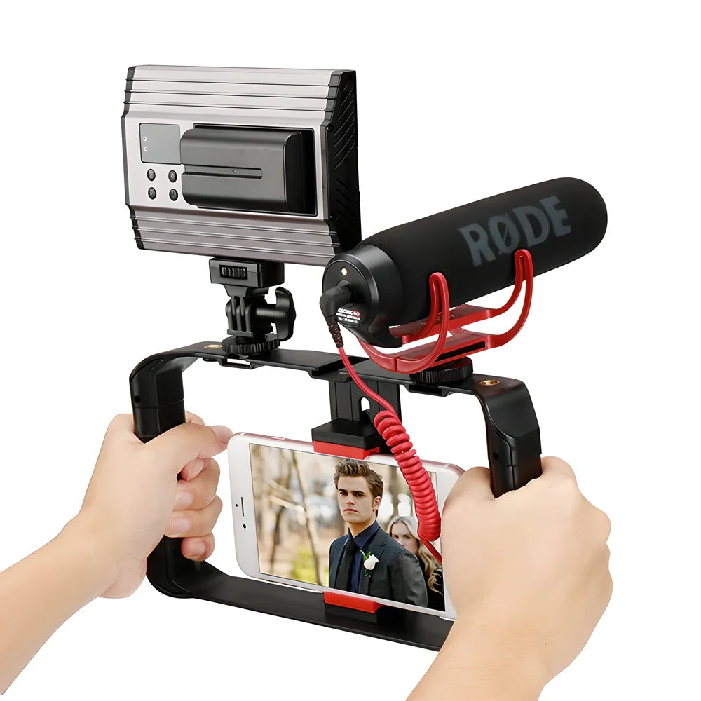 A sturdy, aluminium alloy smartphone video rig with accessories for professional-quality video and photography