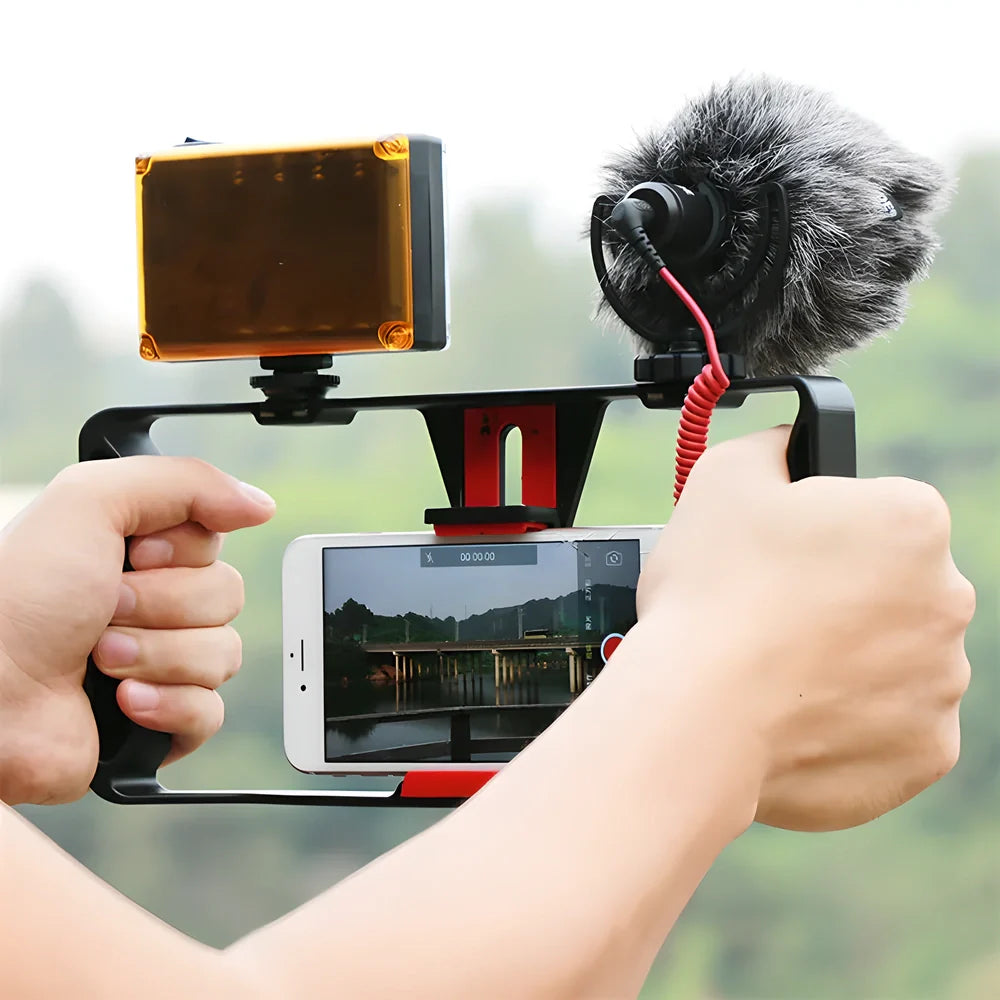 A sturdy, aluminium alloy smartphone video rig with accessories for professional-quality video and photography
