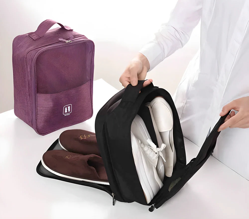 TravelMate™ Compact Travel Shoe Bag made of water-resistant polyester with breathable mesh pocket and adjustable strap for attaching to luggage