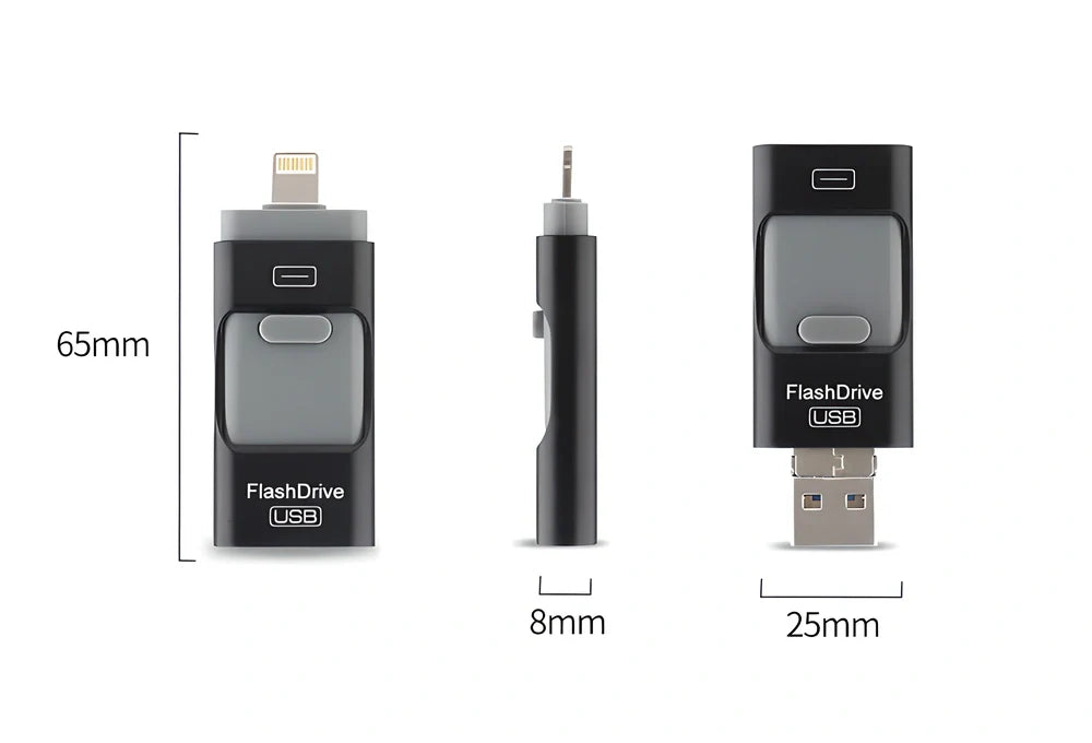 3-in-1 mobile-friendly USB memory stick in various colours and capacities, compatible with Android, Windows, and iOS devices