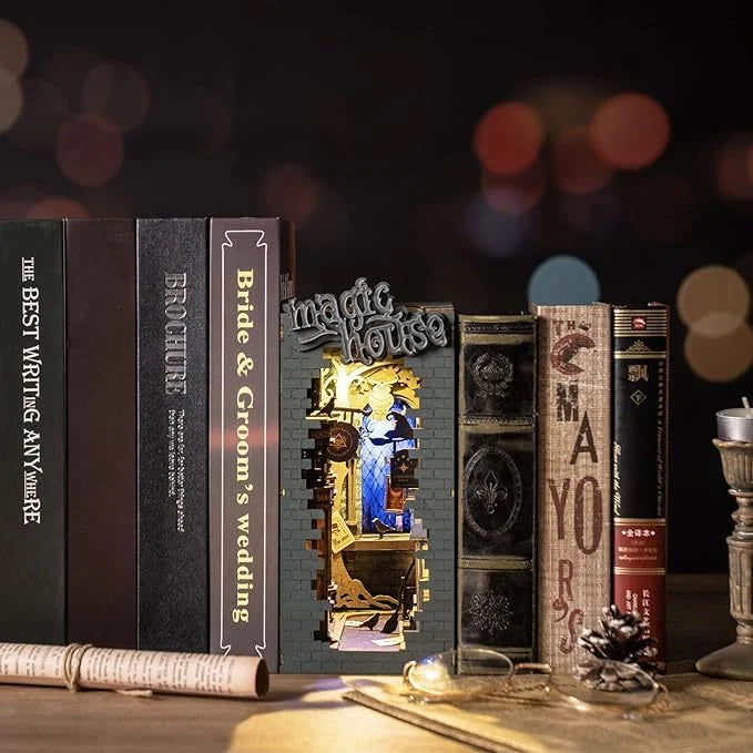 ROBOTIME Rolife DIY Book Nook Kit with LED Light, a decorative 3D puzzle for bookshelves