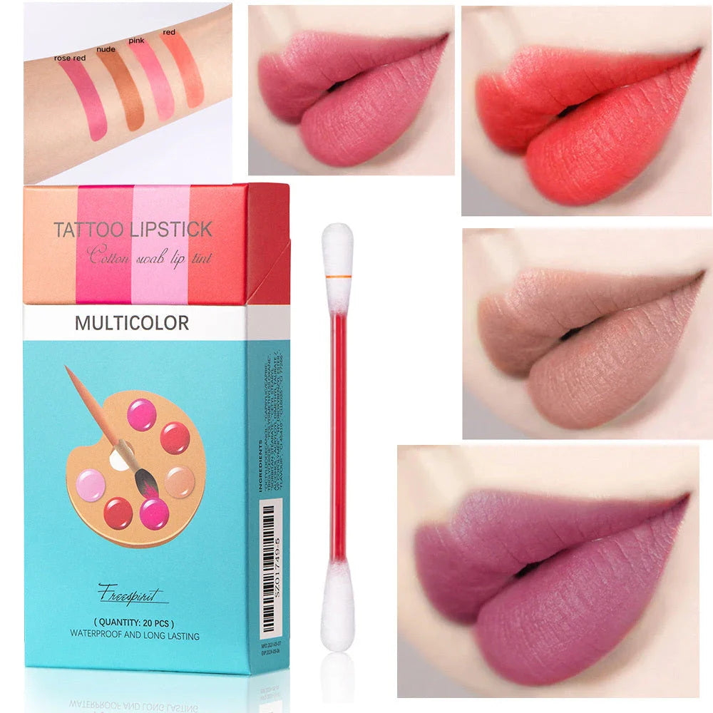 20-piece set of portable lipsticks in various colors, including reds, pinks, and nudes, packaged in a sleek cigarette-style box