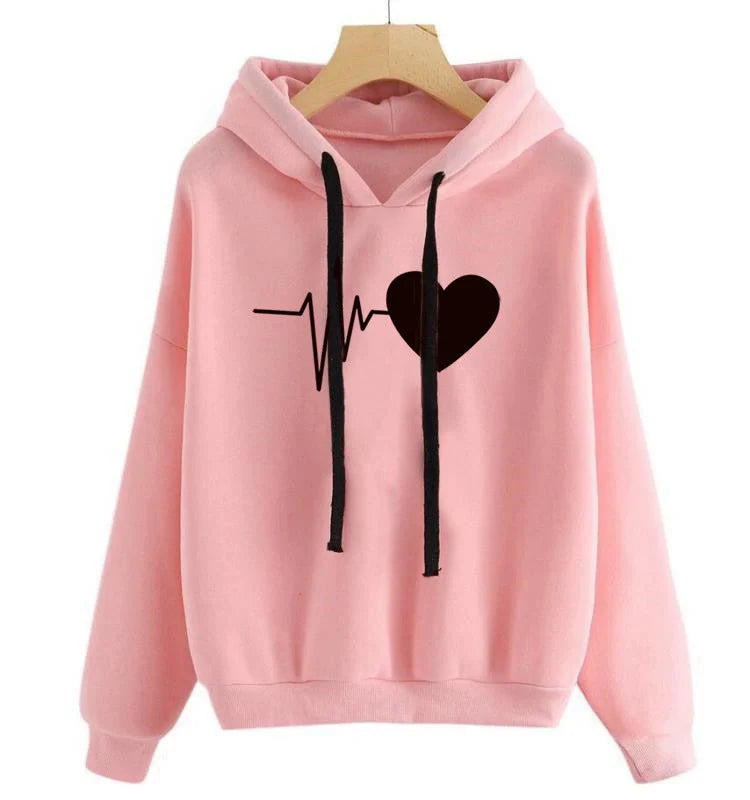 Women's heart print streetwear hoodie in various colours and sizes