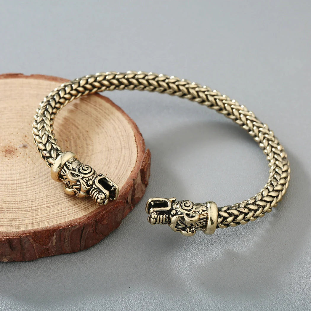 Asgard Crafted Small Handcrafted Stainless Steel Grey Wolf Head Torc Bracelet in silver and gold