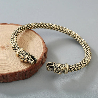 Asgard Crafted Small Handcrafted Stainless Steel Grey Wolf Head Torc Bracelet in silver and gold