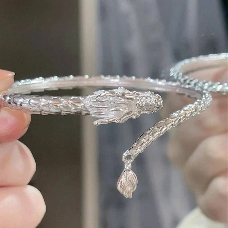 Adjustable Chinese-style dragon tail bangle bracelet with intricate dragon and phoenix decorations