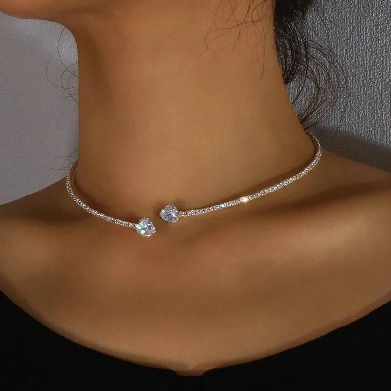 Elegant silver and gold rhinestone heart choker necklace for women