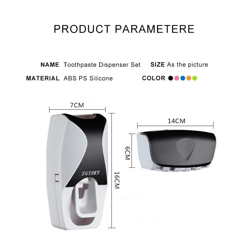 Dust-proof automatic toothpaste squeezer and toothbrush holder set in black, blue, or red