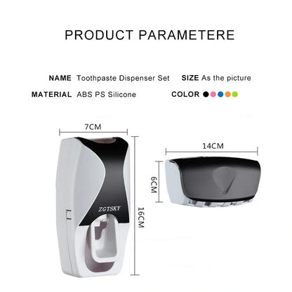 Dust-proof automatic toothpaste squeezer and toothbrush holder set in black, blue, or red