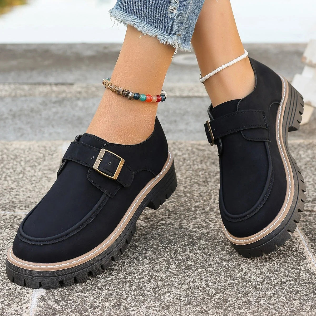 British style buckle loafers for women with thick soles in black and brown