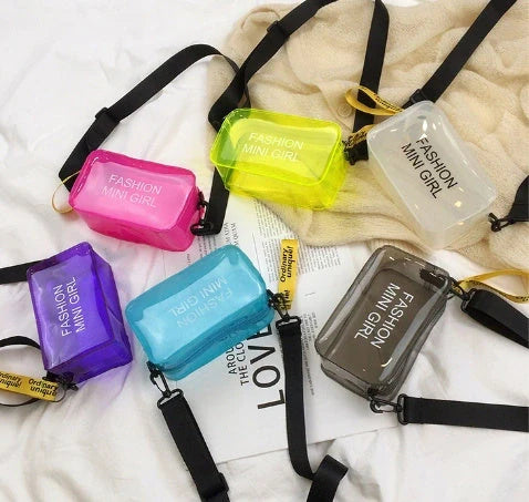 Transparent square fashion shoulder bag with adjustable strap and internal phone compartment