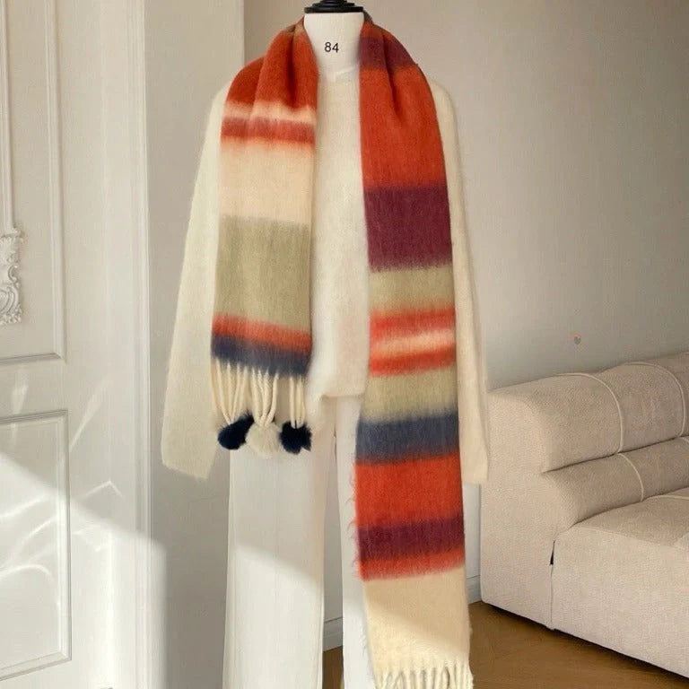 Vibrant rainbow mohair tassel scarf for warmth and style