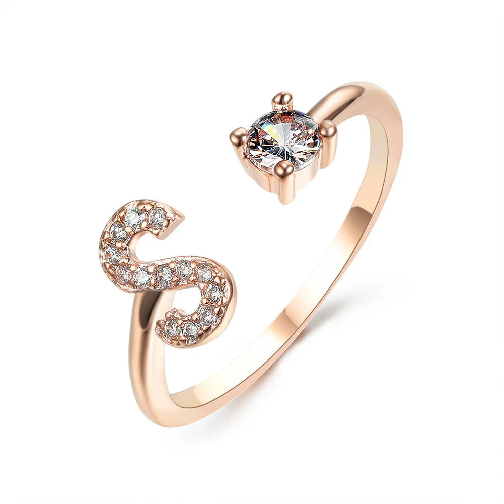 Customizable adjustable ring with 26 letters for women, featuring zircon stones and copper alloy construction