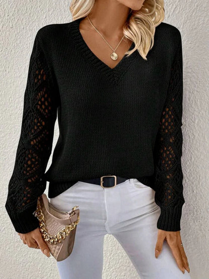Stylish V-Neck Sweater with Trendy Hollow Sleeves for Women in Variety of Classic Colors