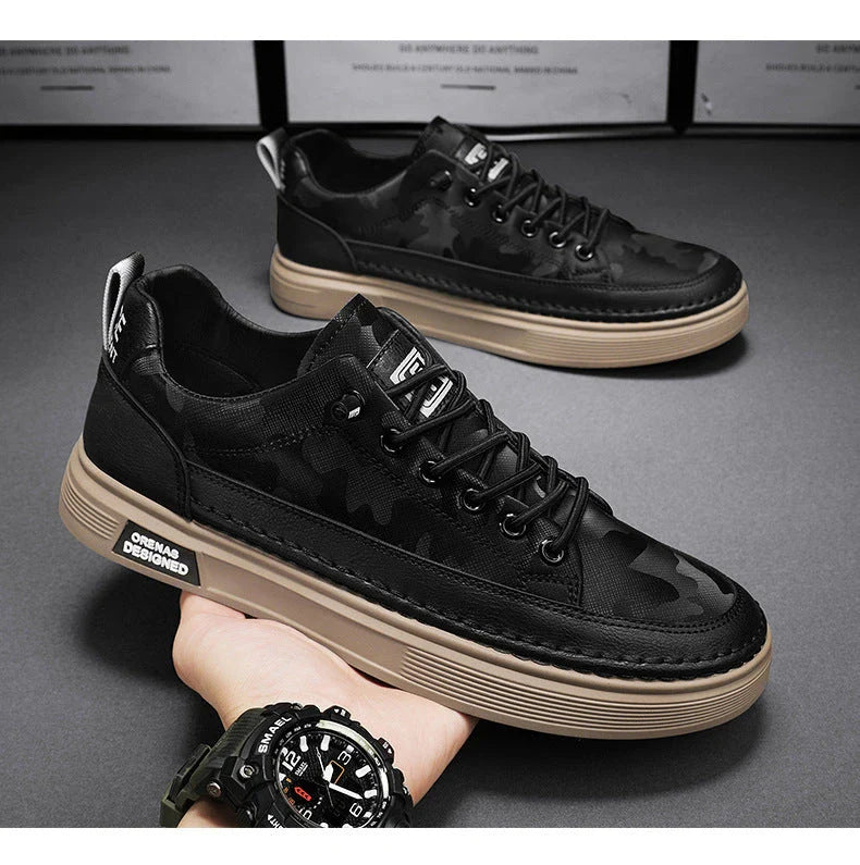 Stylish slip-on sneakers for men in beige, white, and black colors with a unique design and comfortable fit