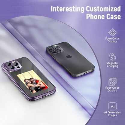 Custom NFC Ink Screen Flip Phone Case for iPhone 15 Pro and Pro Max in black and purple