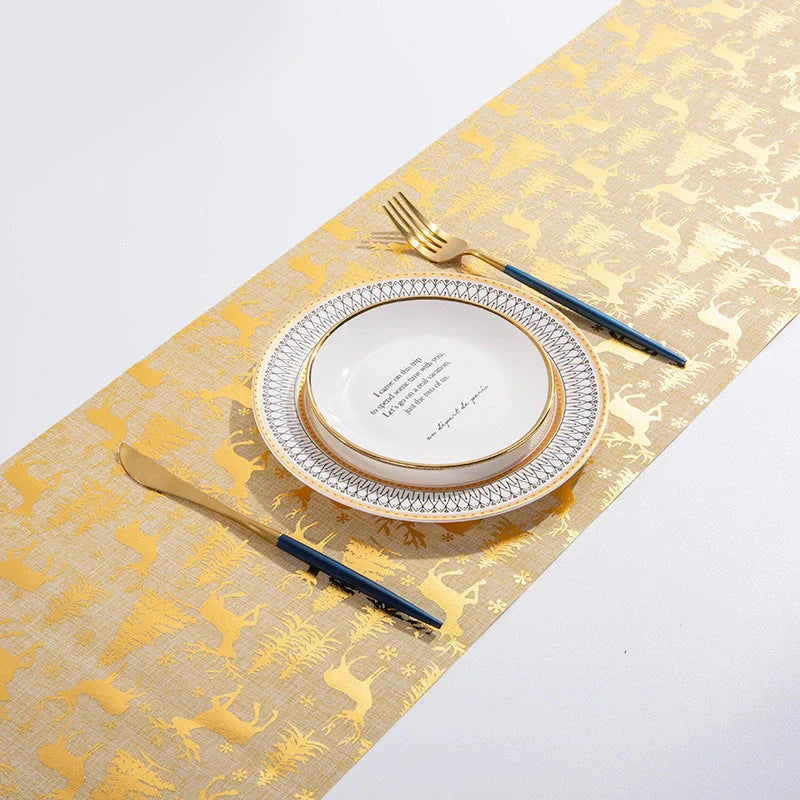 Christmas Elk Snowman Table Runner on a dining table, festive holiday decor