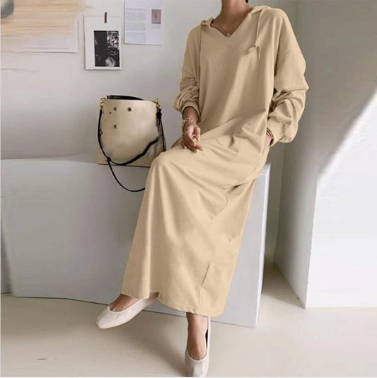 Stylish Japanese and Korean casual sweater dress in polka dot pattern with long skirt and sleeve design