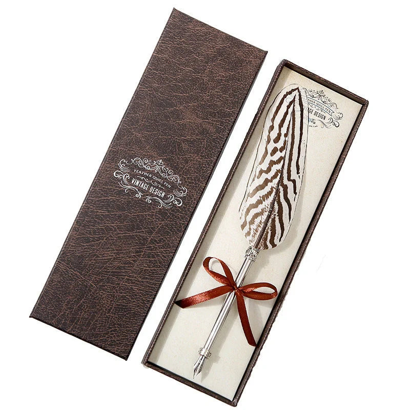 Elegant European-inspired feather pen in a luxurious gift box, showcasing its vintage-inspired design and premium stainless steel construction.