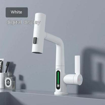 Versatile digital kitchen faucet with temperature display, 360-degree swivel, and pull-out design for enhanced maneuverability and precise water temperature control