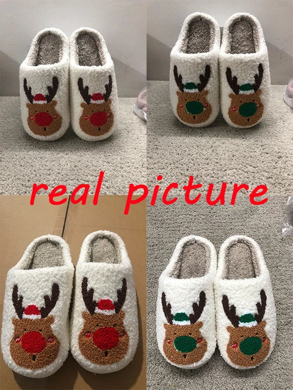 Cozy elk-themed slip-on house slippers in festive red and green colors with plush, soft materials for comfortable holiday relaxation