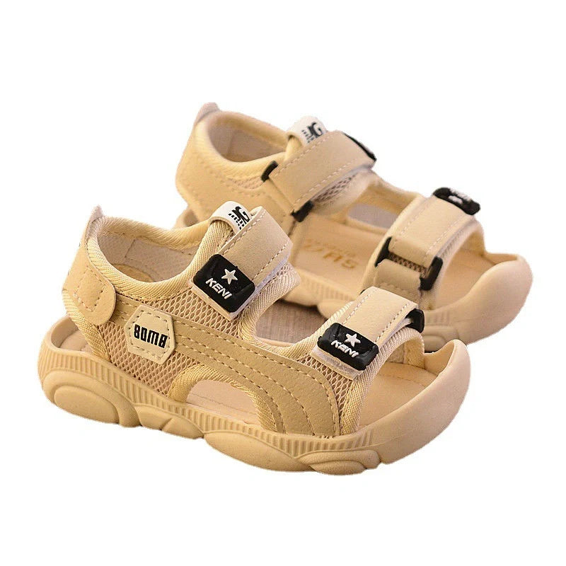 Boys' summer sandals with soft soles and anti-kick design in white, red, and blue