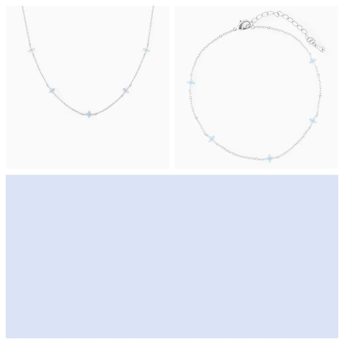 Elegant floral statement necklace in various color options, including golden blue, silver blue, golden green, and silver green, with an adjustable chain and high-quality construction.